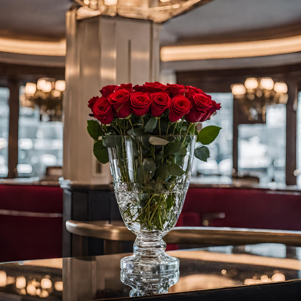 red roses in crystal vase in a restaurant hostess stand